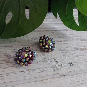 Vtg Albert Weiss Pink AB Rhinestone Clip On Earrings 1950s Glam